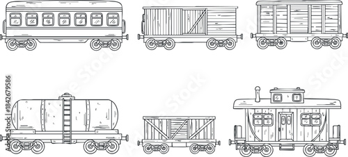 Detailed outline vector illustration of various train cars including freight and passenger styles for transportation themes