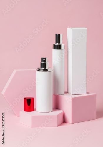 Cosmetic spray bottles and tall packaging box on geometric pink display blocks in modern minimal style

