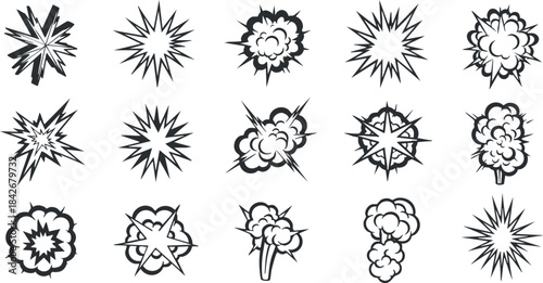 Collection of bold vector explosion icons featuring various styles for dynamic visual effects and graphic design projects