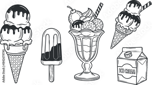 Stylish black and white vector illustration of various ice cream desserts including cones, sundaes, and popsicles for food design projects