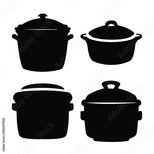 Set of various kitchen cooking pots and pans silhouettes