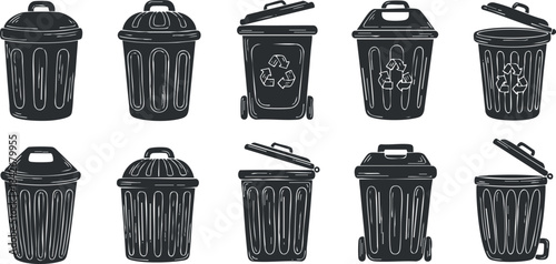 Vector illustration set of various trash bins and recycling containers in minimalist black and white style for waste management concepts