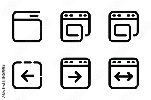 Simple outline icons set for web browser navigation, page refresh, and window resize actions