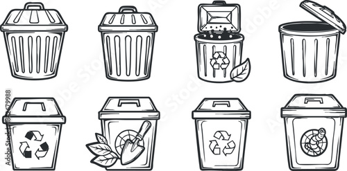 Outline vector illustration set of various trash bins and recycling containers for eco-friendly design projects