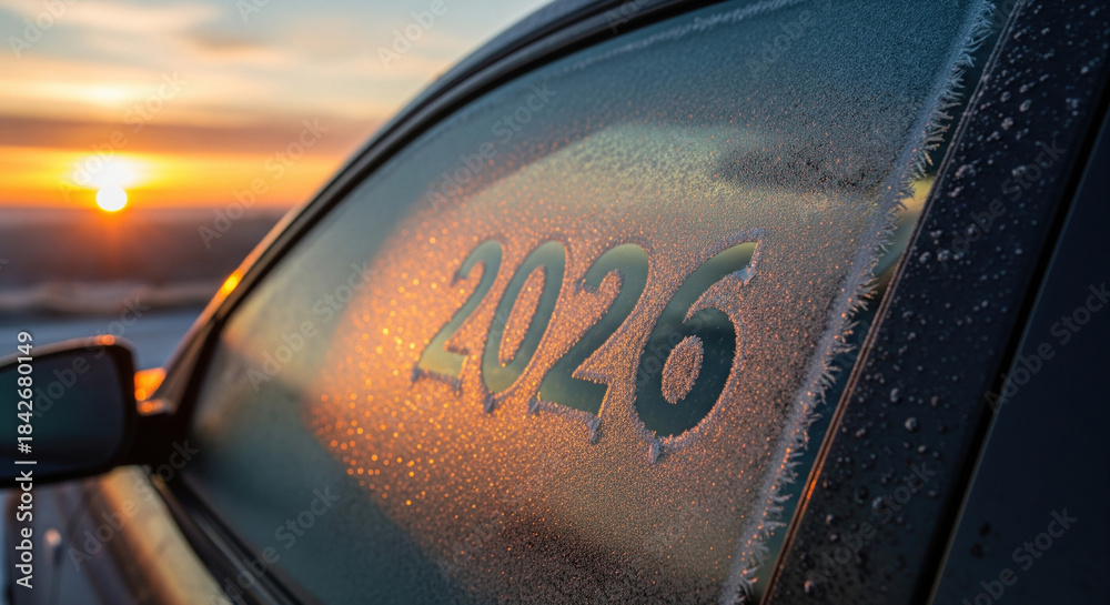 Obraz premium Frosty Car Window with the Year 2026 at Sunrise over Landscape