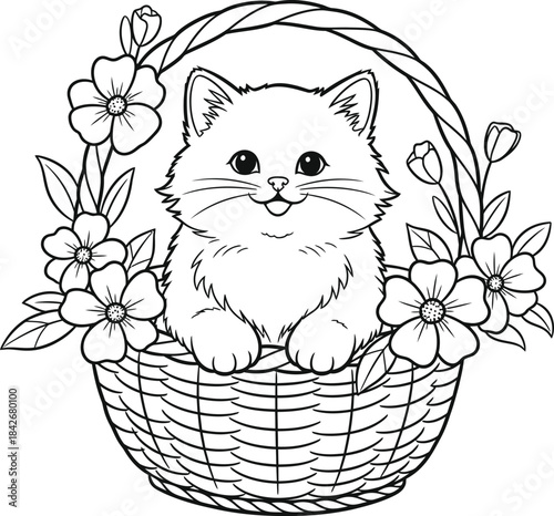 Cute Kitten in Basket with Flowers Coloring Page