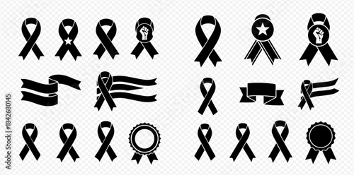 Collection of black awareness ribbons and badges for various causes, isolated on transparent background.