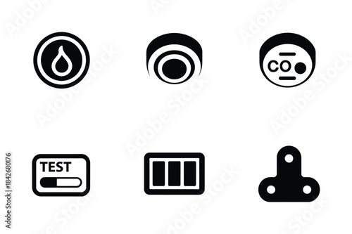 A collection of six safety and sensor icons, including battery status, co detection, and system test functionality.