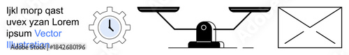 Time management, decision making, business planning, communication efficiency, work-life balance, productivity. Clock, balance scale gear and envelope design in a minimalist style. Time management