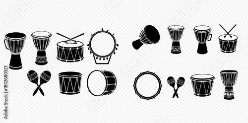 Set of various traditional percussion instruments in black and white silhouette design.