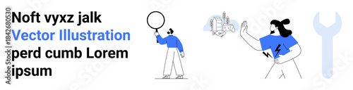 Female character holding a wrench and lightning bolt, another examines a magnifying glass beside cityscape art. Ideal for innovation, urbanization, teamwork, discovery, technology, creativity, simple