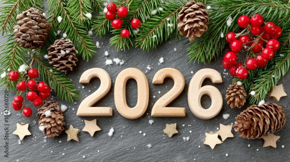 Naklejka premium Números dorados organizados en un fondo con ramas, piñas y bayas en la decoración de fin de año