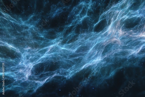 An ethereal nebula swirls with luminous shades of blue, speckled with the soft glow of distant stars. Cosmic ballet of light and color.