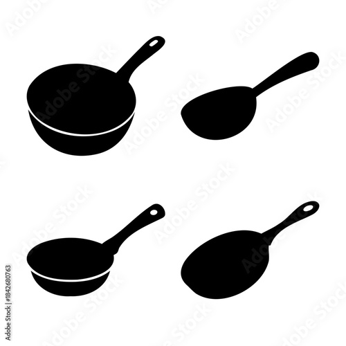 Kitchen pans and skillets vector icon set, cooking utensils