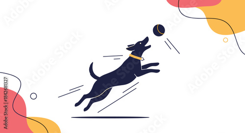 Minimalist silhouette illustration of a playful black dog jumping in the air to catch a ball with colorful abstract shapes in background.