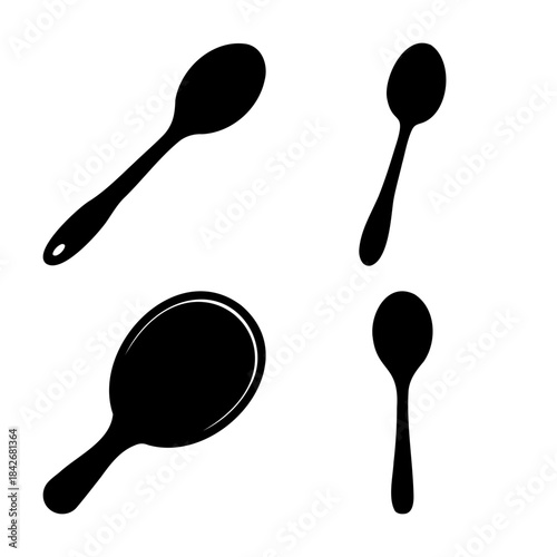 Diverse kitchen spoon and serving utensil silhouettes set.