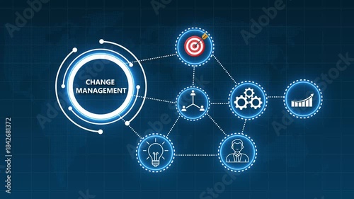 Change Management Process Diagram with Icons and World Map Background transformation strategy