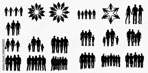 Diverse collection of black silhouettes representing various groups of people and families.