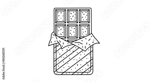 Black and white line art illustration of a chocolate bar partially unwrapped from its paper foil packaging for sweet treat and snack themes.
