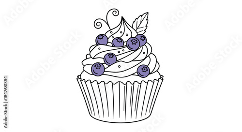 Sweet illustration of a frosted cupcake topped with several purple blueberries and a small green mint leaf for bakery and dessert themes.