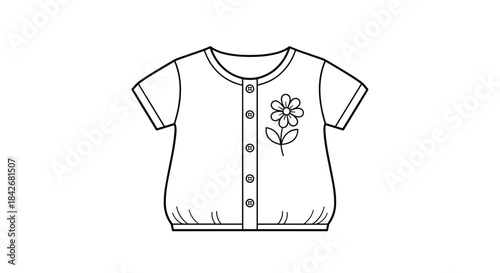 Simple black and white line drawing of a baby shirt with buttons down the front and a small flower design on the chest of the garment.