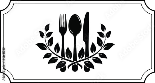 Elegant Black and White Culinary Icon Design with Utensils and Laurel Wreath