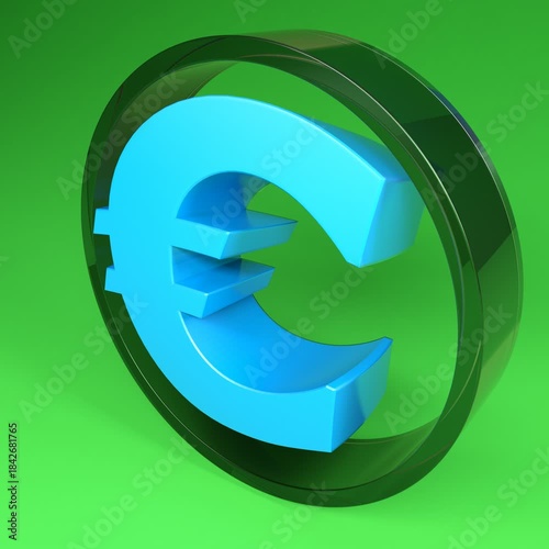 Euro blue symbol in a turning glass circle, on green background
