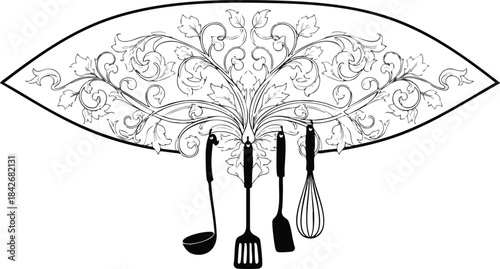 Ornate kitchen utensil holder illustration for home decor and culinary-themed projects