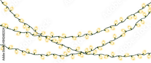 Christmas and New Year garland. Glowing vector light bulbs isolated on transparent background for holiday decoration banner, poster, greeting card.