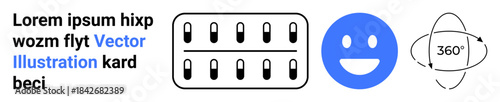 Healthcare, emotions, technology, pharmaceuticals, happiness, digital tools. Capsule packaging, smiling face and 360-degree icon. Healthcare and emotions in a creative visual