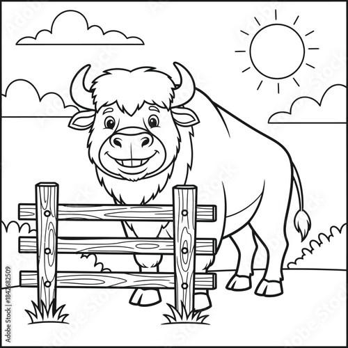 Happy Yak Behind Wooden Fence on Sunny Day Coloring Page