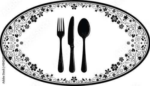 Elegant Culinary Design Fork, Knife, and Spoon in Floral Frame for Restaurant