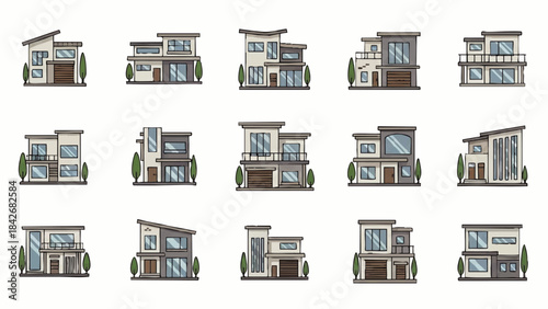 Modern Cartoon Villa House Icons Vector Set