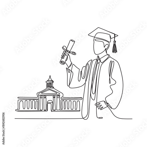 Continuous line drawing of a graduate holding a diploma in front of a university building
