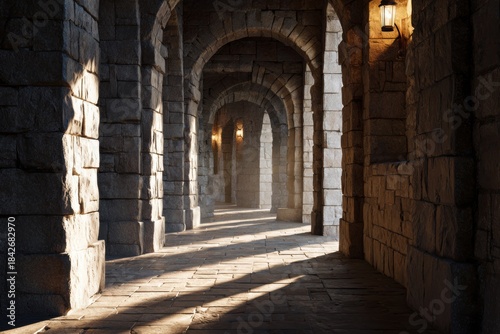 Sunlight streams through stone arches in a castle corridor. Shadows and light dance on the floor, inviting exploration.
