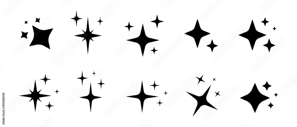 Fototapeta premium sparkle star icon set in flat vector style. Minimal shining elements isolated on transparent background, ideal for decoration, UI design, rating, and graphic projects.