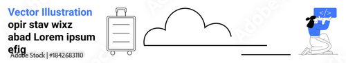 Cloud technology, travel, coding, data storage, work-life balance, modern lifestyle. Minimalist artwork a suitcase, cloud and person coding on a laptop. Cloud technology and travel concept