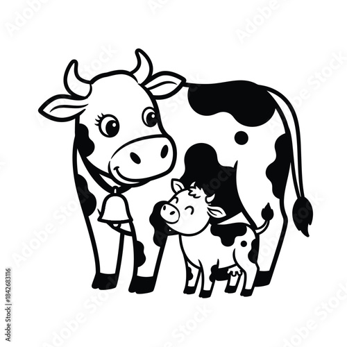Mother and Calf Cow Illustration Farm Animal Silhouette