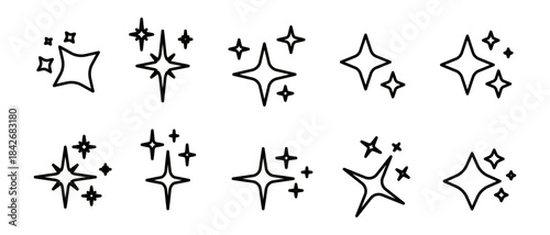 outline sparkle star icon set in flat vector style. Clean decorative elements isolated on transparent background, perfect for decoration, rating, UI, and graphic projects.