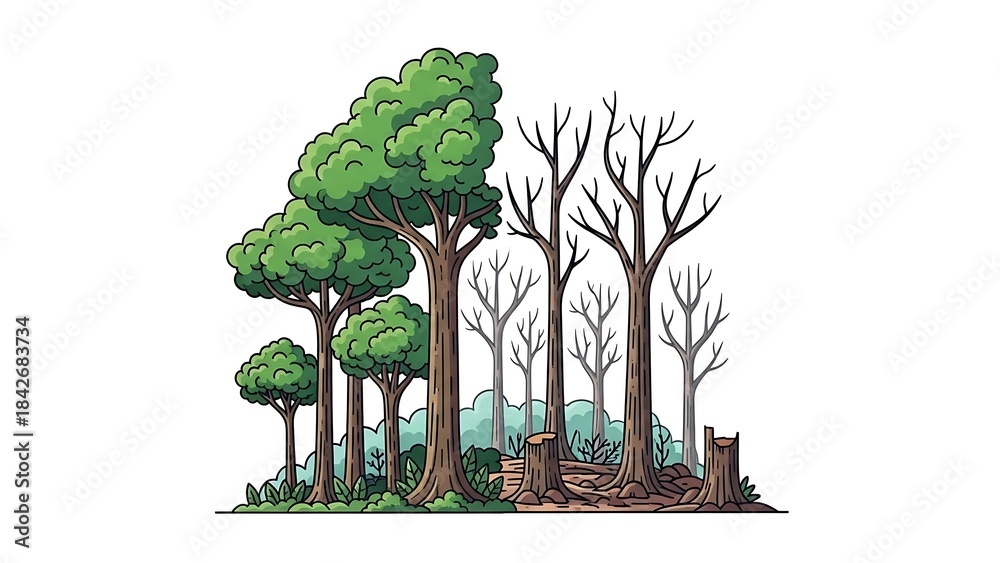 Fototapeta premium Deforestation Impact: Vibrant Green Forest Contrasted with Barren Land, Dead Trees, and Stumps, Illustrating Environmental Destruction