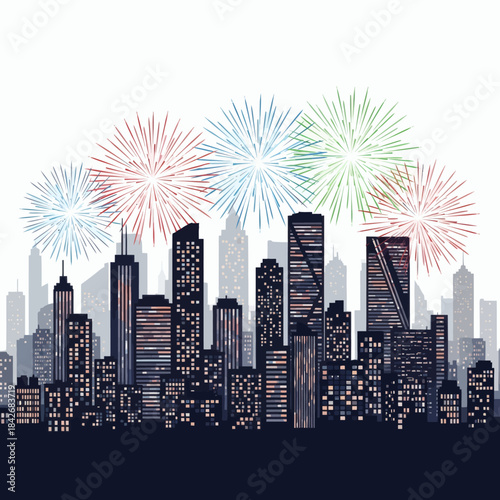 Urban cityscape at night with vibrant fireworks display celebrating a special occasion, creating a festive and exciting atmosphere