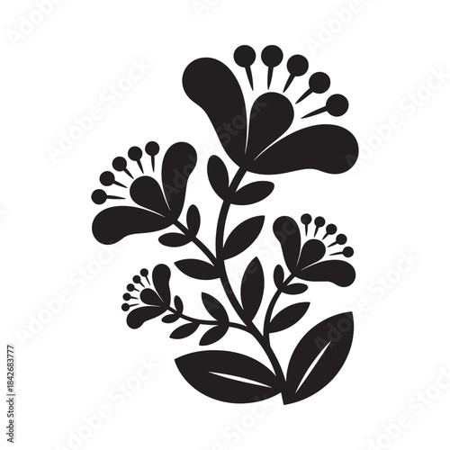 Black and white folk art inspired floral silhouette design with stylized flowers and leaves