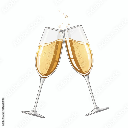 Two champagne flutes clinking together in a celebratory toast, filled with sparkling golden beverage and bubbles