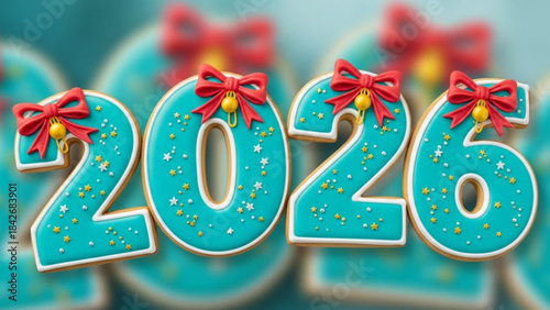 2026 year cookies decorated with red bows and sprinkles festive holiday greeting for New Year celebration isolated on blurred background