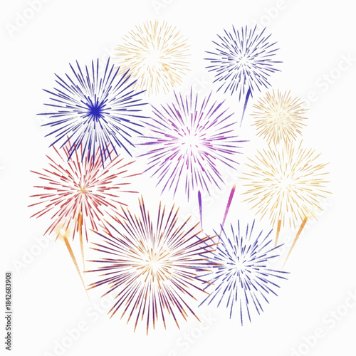 Spectacular display of stylized, multi-colored fireworks bursting with vibrant light, perfect for capturing the spirit of celebration, holidays, and festive gatherings