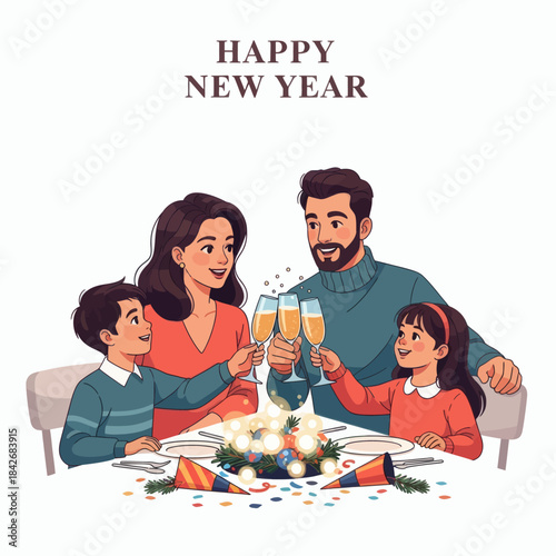 A joyful family celebrates the New Year with a festive toast, surrounded by cheerful decorations, embracing moments of happiness and togetherness for a bright beginning