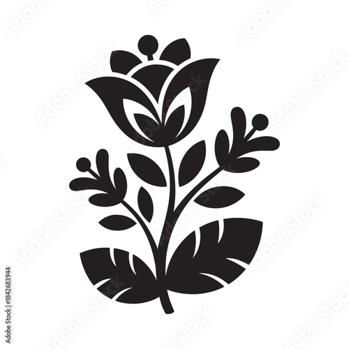 A stylized black and white folk flower silhouette design element for various artistic applications