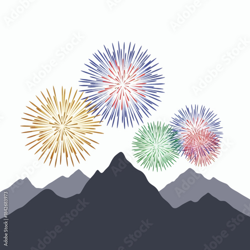 Spectacular mountain range illuminated by a vibrant display of fireworks against a white background