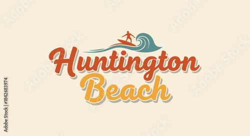 Retro Huntington Beach logo with a surfer riding a wave, featuring orange and yellow script fonts on a light background.