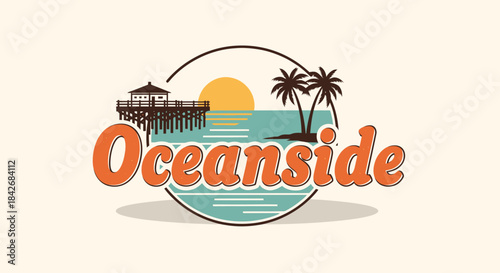 Retro-style logo for Oceanside featuring a pier, palm trees, and a sunset over the ocean.